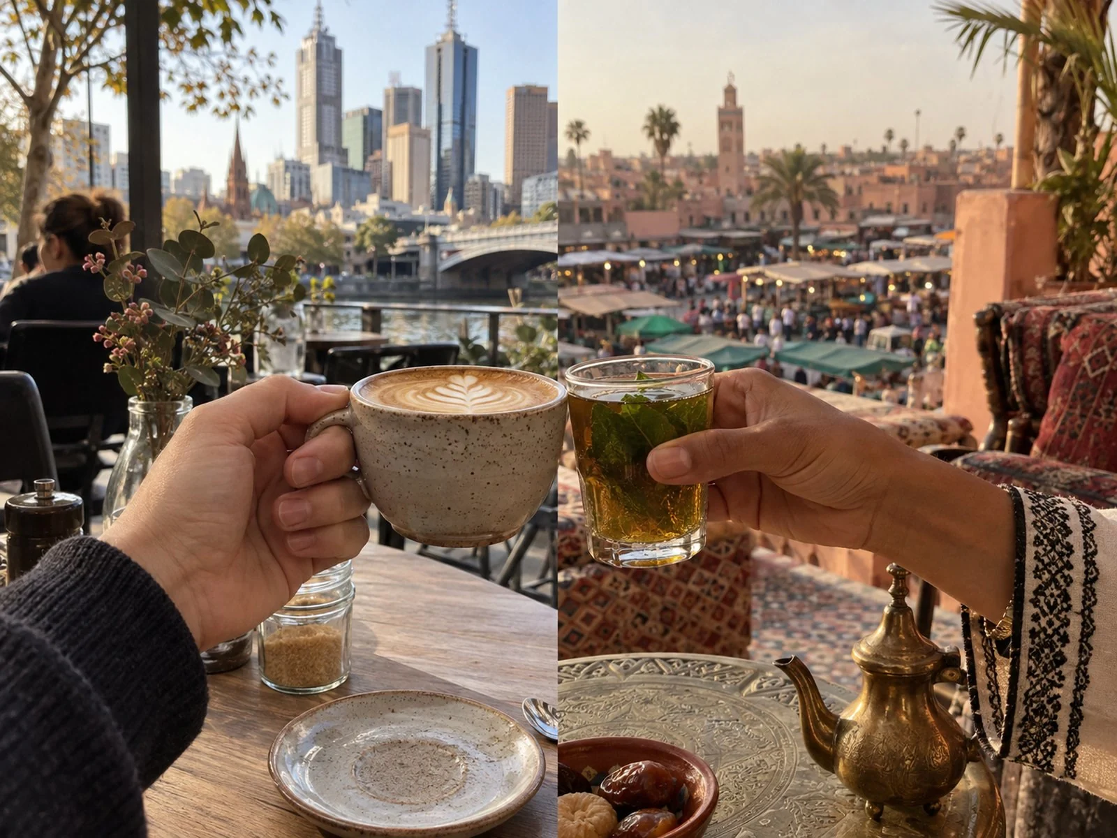 A finished diptych connecting a coffee in Melbourne with mint tea in Marrakech